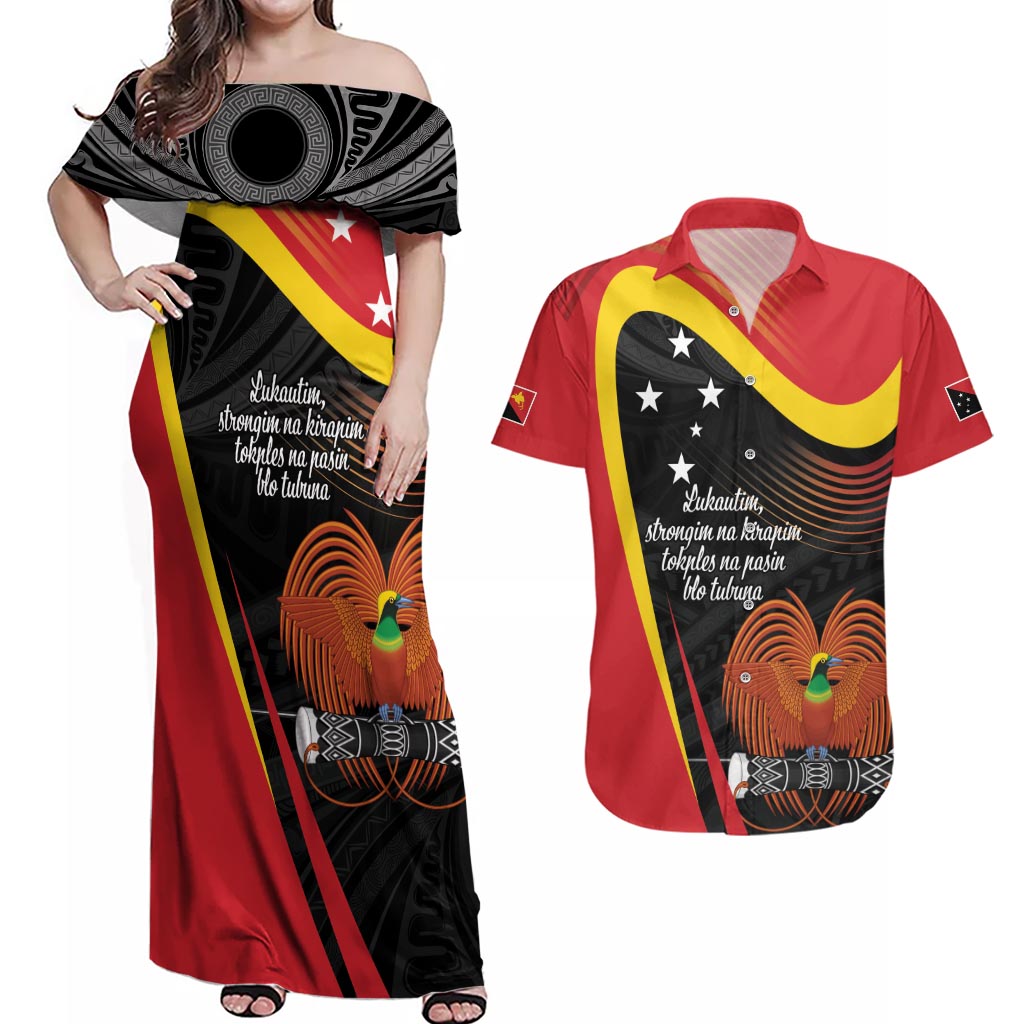 Personalised Papua Niugini Tok Pisin Wik Couples Matching Off Shoulder Maxi Dress and Hawaiian Shirt LT9 Red - Polynesian Pride