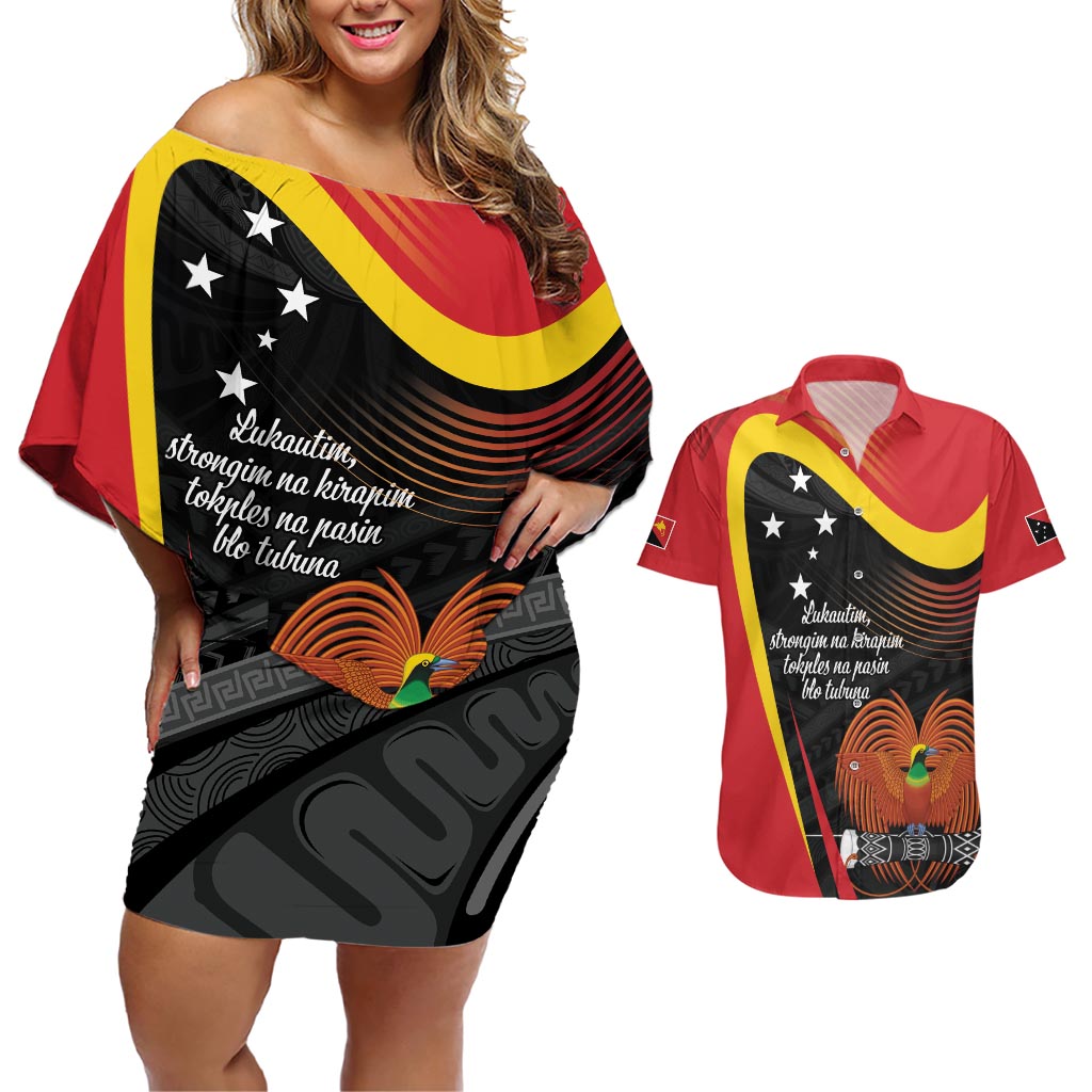 Personalised Papua Niugini Tok Pisin Wik Couples Matching Off Shoulder Short Dress and Hawaiian Shirt LT9 Red - Polynesian Pride