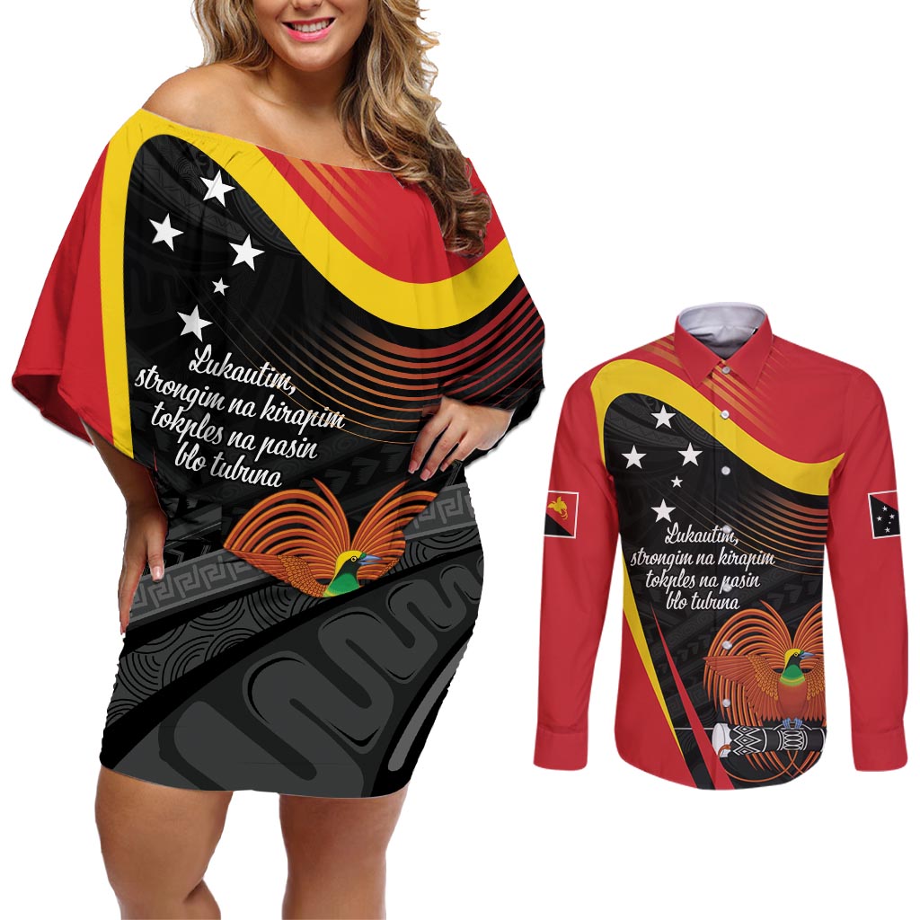 Personalised Papua Niugini Tok Pisin Wik Couples Matching Off Shoulder Short Dress and Long Sleeve Button Shirt LT9 Red - Polynesian Pride
