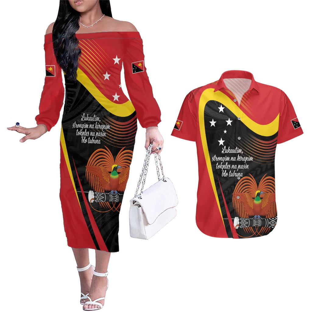 Personalised Papua Niugini Tok Pisin Wik Couples Matching Off The Shoulder Long Sleeve Dress and Hawaiian Shirt LT9 Red - Polynesian Pride