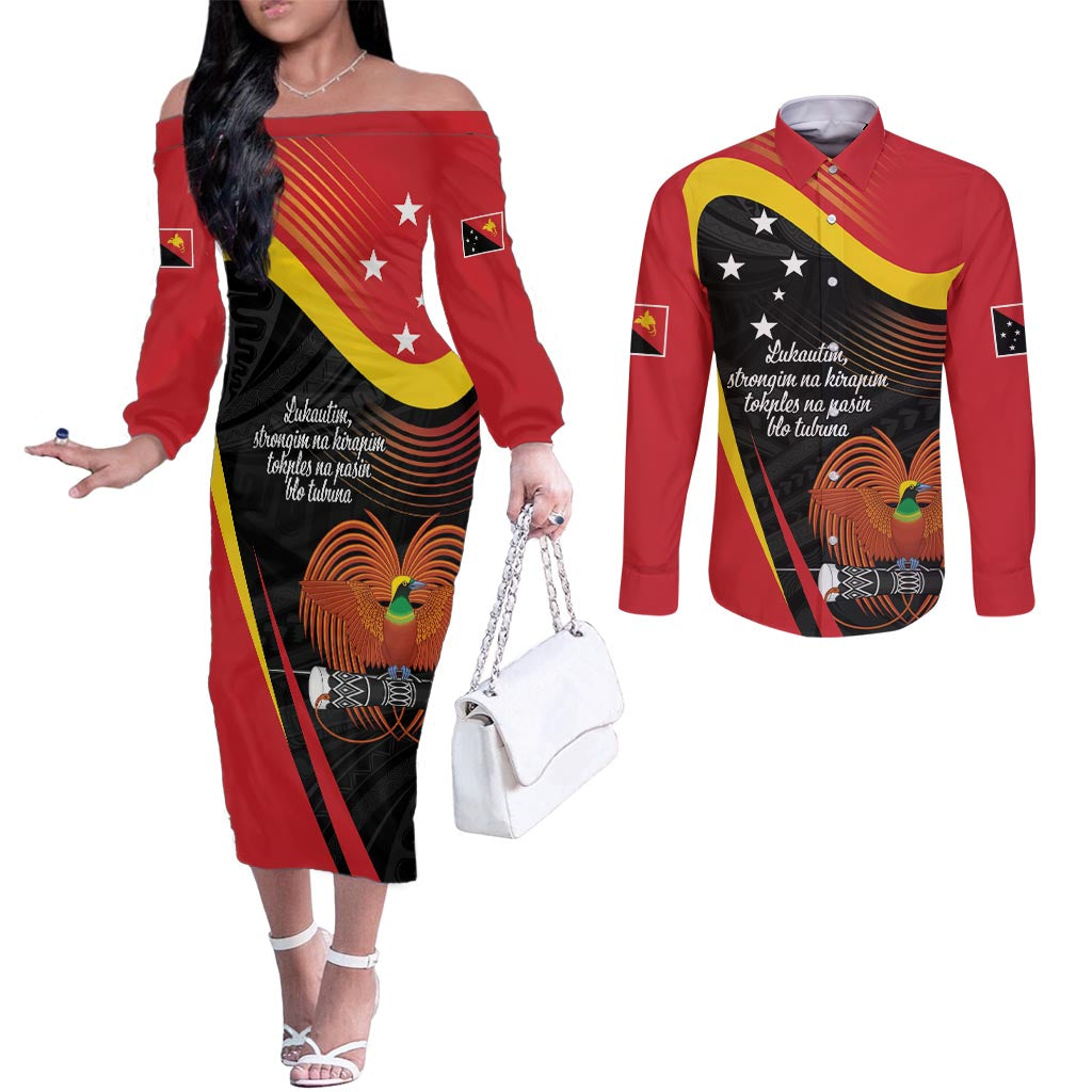 Personalised Papua Niugini Tok Pisin Wik Couples Matching Off The Shoulder Long Sleeve Dress and Long Sleeve Button Shirt LT9 Red - Polynesian Pride