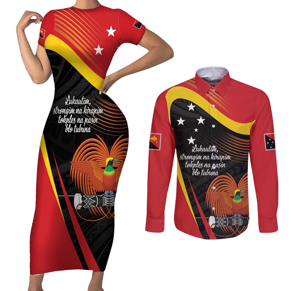 Personalised Papua Niugini Tok Pisin Wik Couples Matching Short Sleeve Bodycon Dress and Long Sleeve Button Shirt LT9 Red - Polynesian Pride
