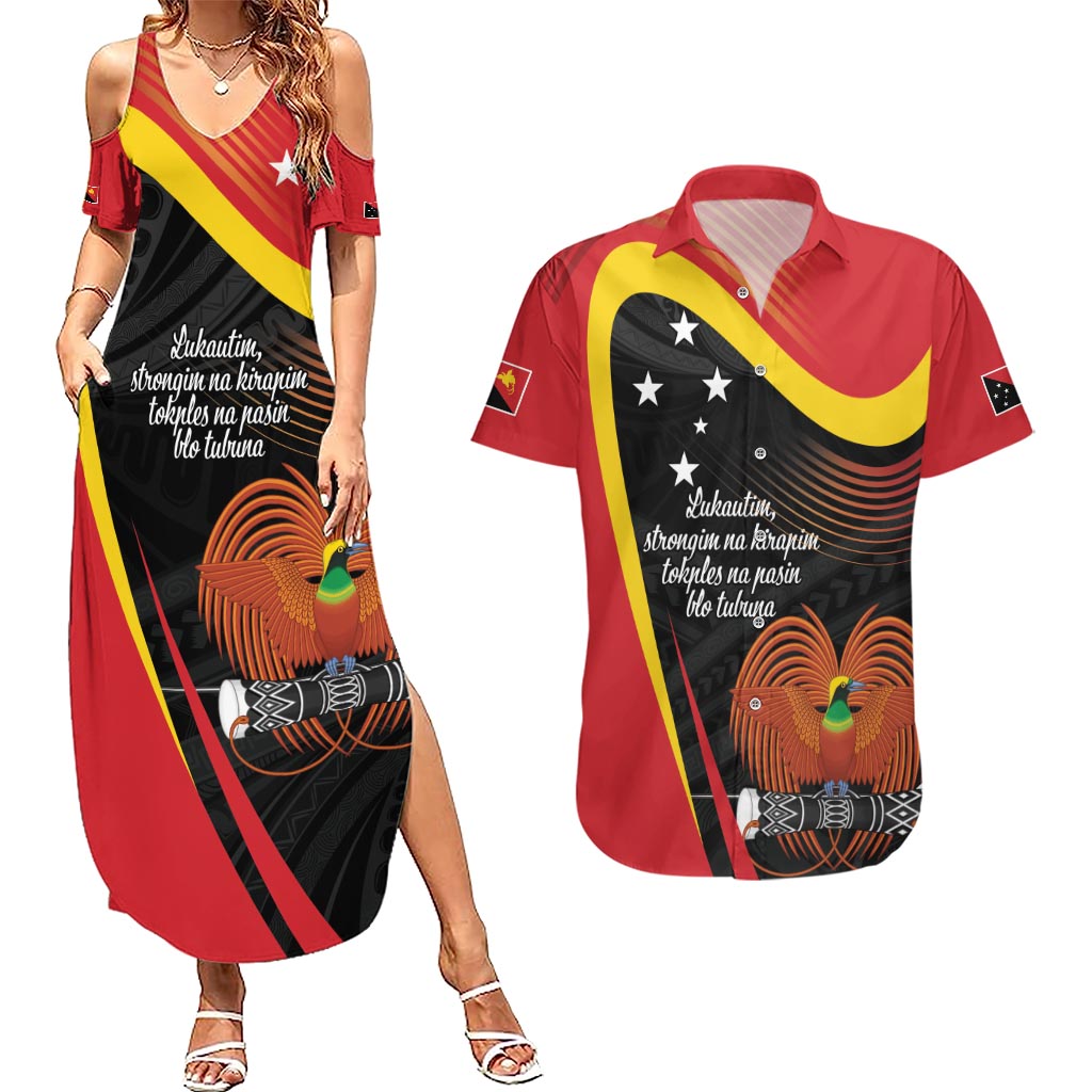Personalised Papua Niugini Tok Pisin Wik Couples Matching Summer Maxi Dress and Hawaiian Shirt LT9 Red - Polynesian Pride