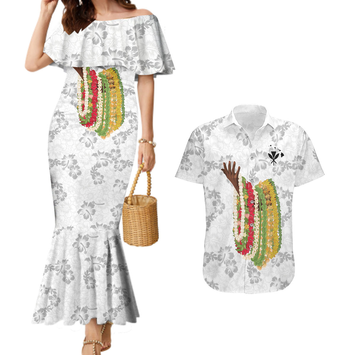 Hawaii Lei Kamehameha Couples Matching Mermaid Dress and Hawaiian Shirt Ke'oke'o Seamless Pattern Hibiscus Flower LT9 White - Polynesian Pride
