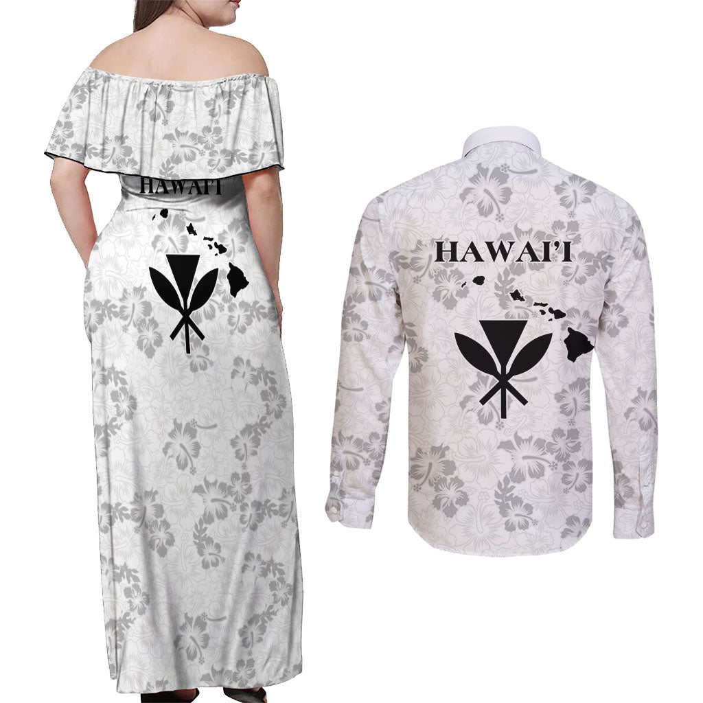 Hawaii Lei Kamehameha Couples Matching Off Shoulder Maxi Dress and Long Sleeve Button Shirt Ke'oke'o Seamless Pattern Hibiscus Flower LT9 - Polynesian Pride