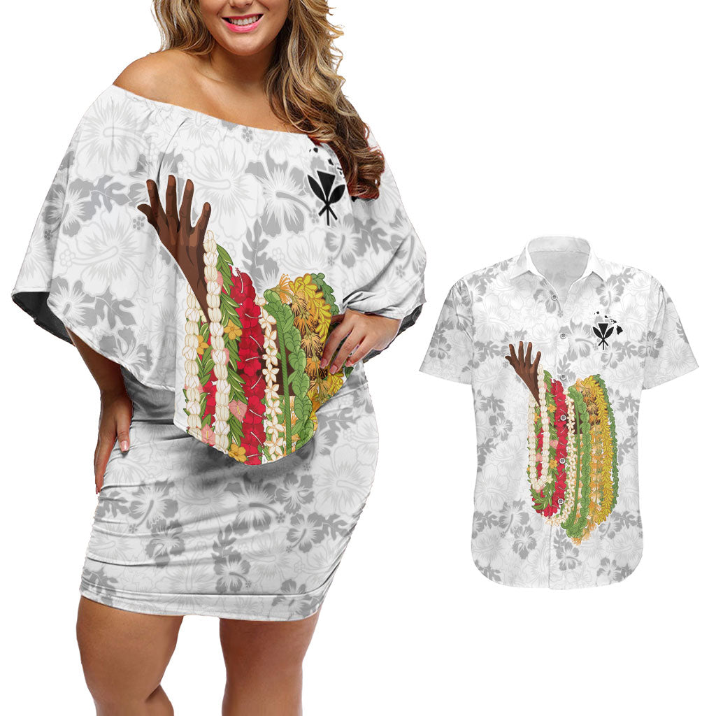 Hawaii Lei Kamehameha Couples Matching Off Shoulder Short Dress and Hawaiian Shirt Ke'oke'o Seamless Pattern Hibiscus Flower LT9 White - Polynesian Pride