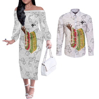 Hawaii Lei Kamehameha Couples Matching Off The Shoulder Long Sleeve Dress and Long Sleeve Button Shirt Ke'oke'o Seamless Pattern Hibiscus Flower LT9 White - Polynesian Pride