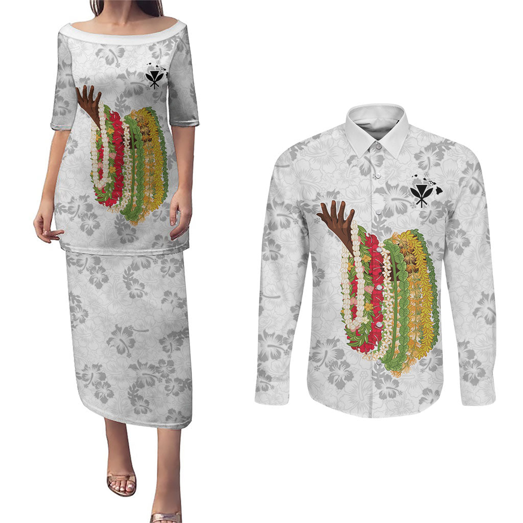 Hawaii Lei Kamehameha Couples Matching Puletasi and Long Sleeve Button Shirt Ke'oke'o Seamless Pattern Hibiscus Flower LT9 White - Polynesian Pride
