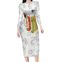 Hawaii Lei Kamehameha Family Matching Long Sleeve Bodycon Dress and Hawaiian Shirt Ke'oke'o Seamless Pattern Hibiscus Flower LT9 Mom's Dress White - Polynesian Pride