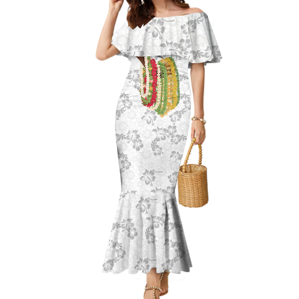 Hawaii Lei Kamehameha Family Matching Mermaid Dress and Hawaiian Shirt Ke'oke'o Seamless Pattern Hibiscus Flower LT9 Mom's Dress White - Polynesian Pride
