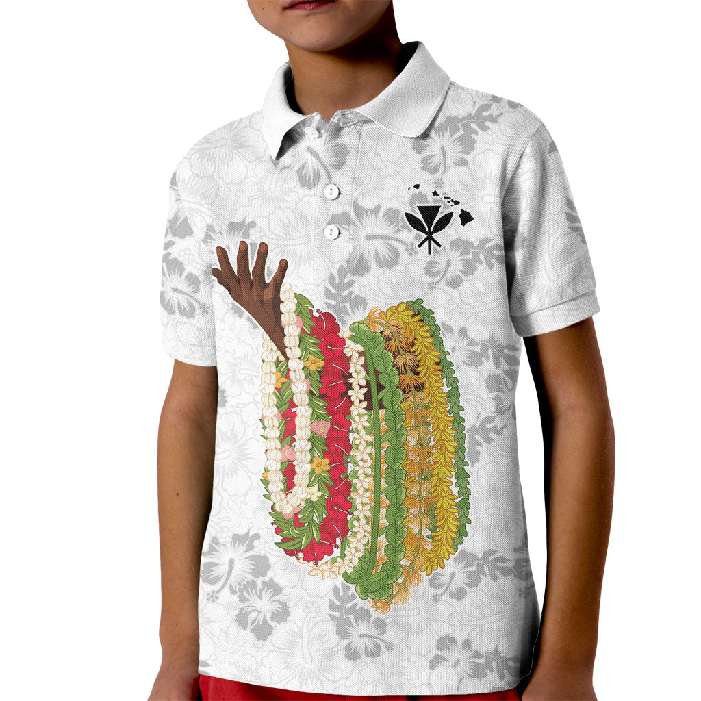Hawaii Lei Kamehameha Kid Polo Shirt Ke'oke'o Seamless Pattern Hibiscus Flower LT9 Kid White - Polynesian Pride