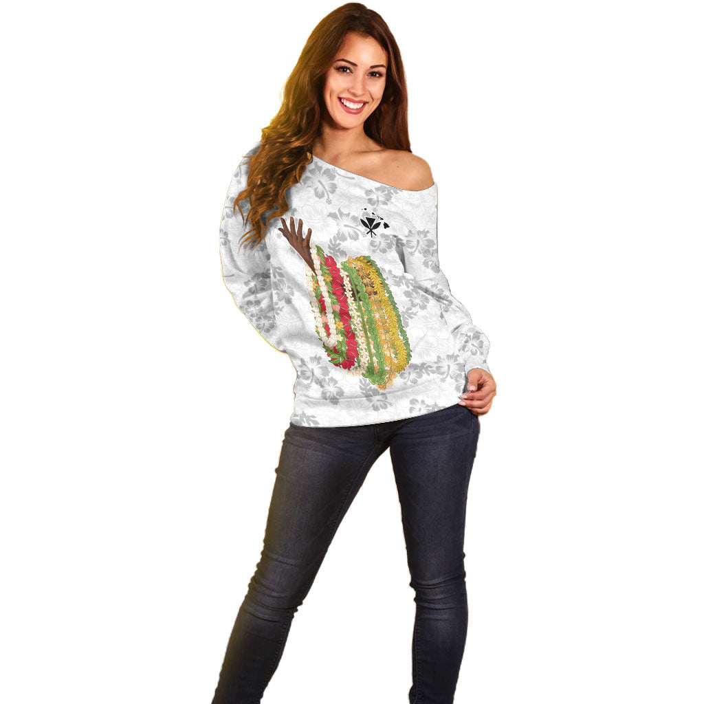 Hawaii Lei Kamehameha Off Shoulder Sweater Ke'oke'o Seamless Pattern Hibiscus Flower