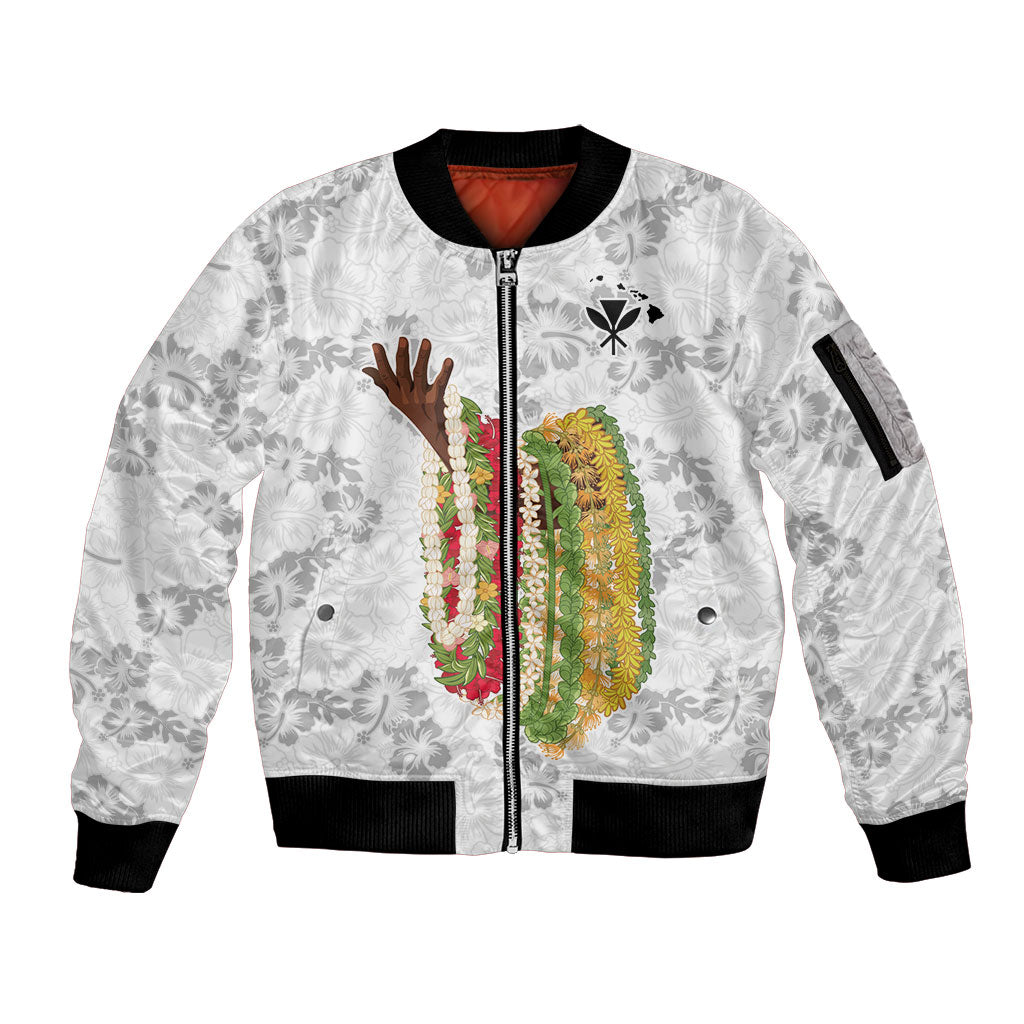 Hawaii Lei Kamehameha Sleeve Zip Bomber Jacket Ke'oke'o Seamless Pattern Hibiscus Flower