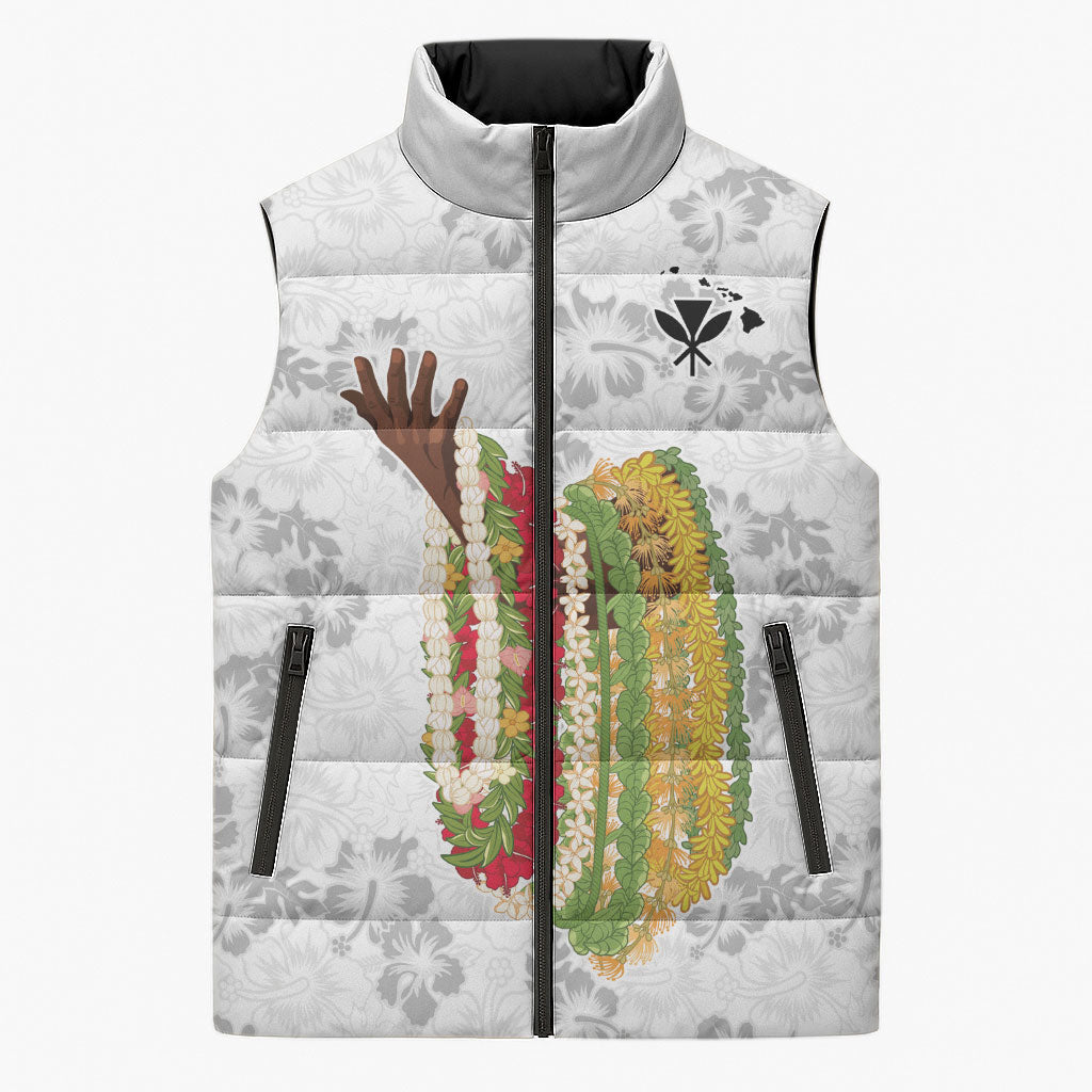 Hawaii Lei Kamehameha Sleeveless Puffer Jacket Ke'oke'o Seamless Pattern Hibiscus Flower LT9 Unisex White - Polynesian Pride