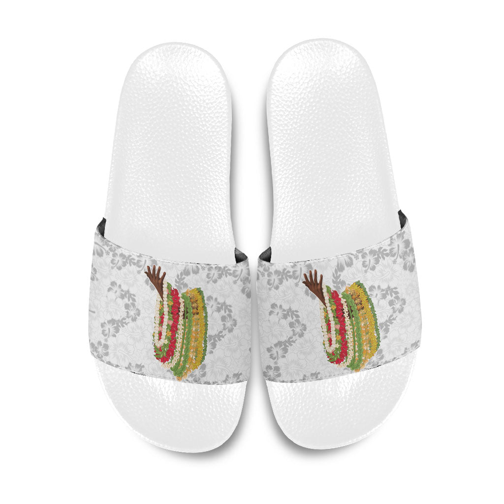 Hawaii Lei Kamehameha Slide Sandals Ke'oke'o Seamless Pattern Hibiscus Flower LT9 White - Polynesian Pride