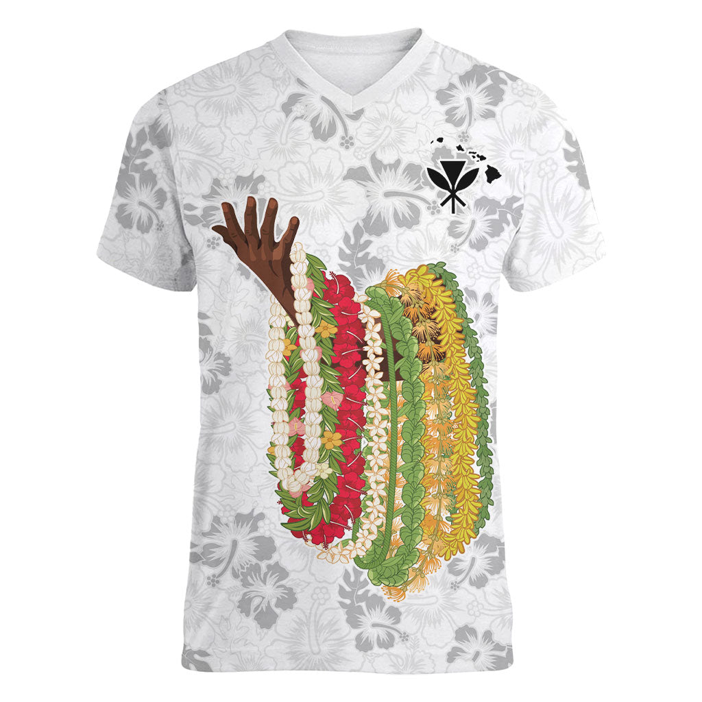 Hawaii Lei Kamehameha Women V-Neck T-Shirt Ke'oke'o Seamless Pattern Hibiscus Flower LT9 Female White - Polynesian Pride