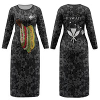 Hawaii Lei Kamehameha Couples Matching Long Sleeve Bodycon Dress and Long Sleeve Button Shirt Ele'ele Seamless Pattern Hibiscus Flower LT9 - Polynesian Pride