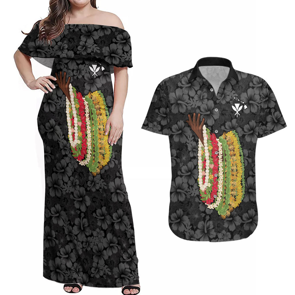 Hawaii Lei Kamehameha Couples Matching Off Shoulder Maxi Dress and Hawaiian Shirt Ele'ele Seamless Pattern Hibiscus Flower