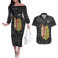 Hawaii Lei Kamehameha Couples Matching Off The Shoulder Long Sleeve Dress and Hawaiian Shirt Ele'ele Seamless Pattern Hibiscus Flower LT9 Black - Polynesian Pride