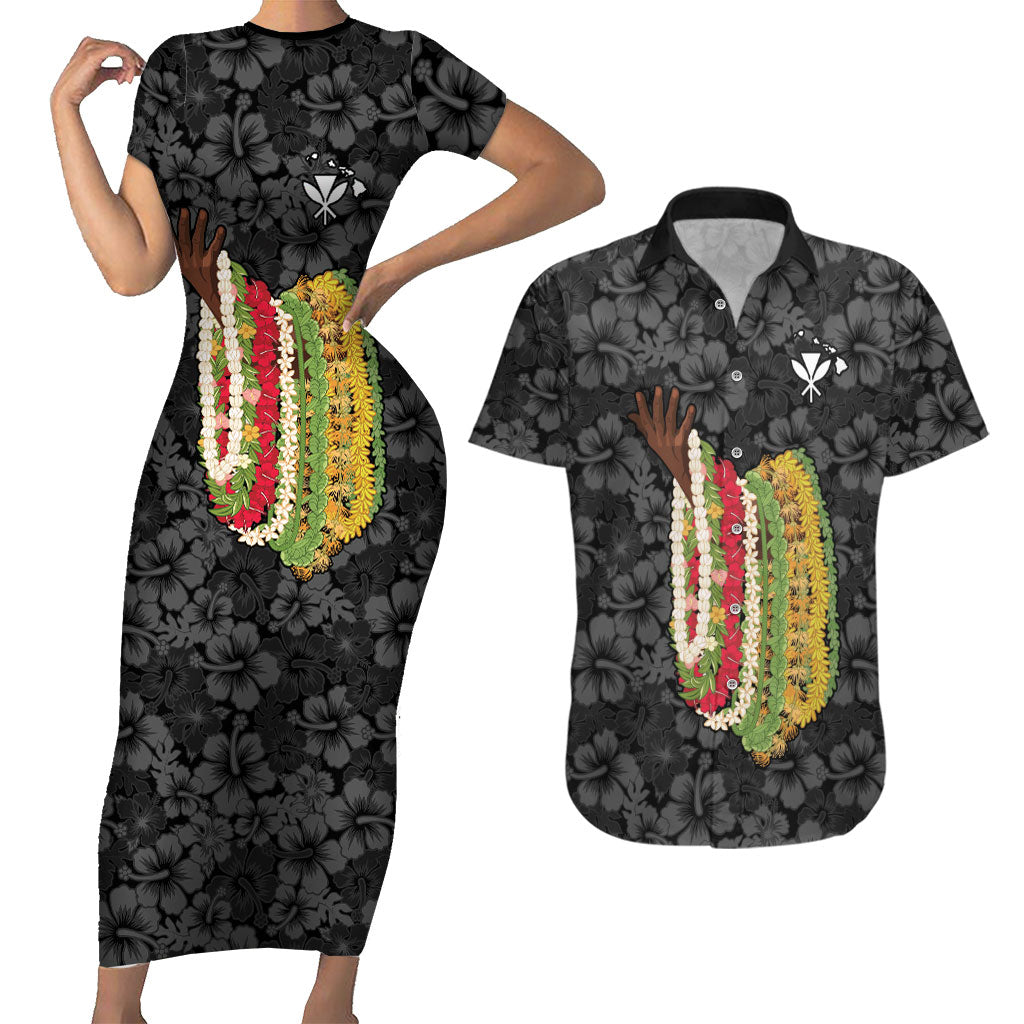 Hawaii Lei Kamehameha Couples Matching Short Sleeve Bodycon Dress and Hawaiian Shirt Ele'ele Seamless Pattern Hibiscus Flower LT9 Black - Polynesian Pride