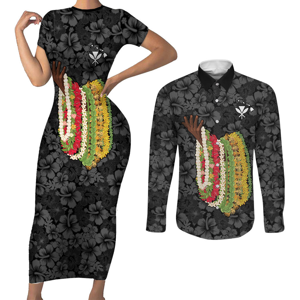 Hawaii Lei Kamehameha Couples Matching Short Sleeve Bodycon Dress and Long Sleeve Button Shirt Ele'ele Seamless Pattern Hibiscus Flower