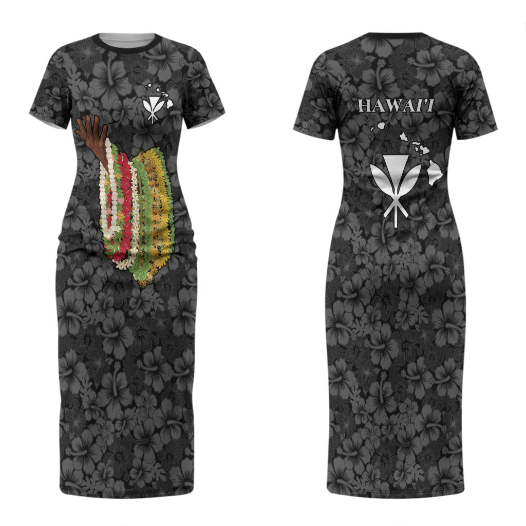 Hawaii Lei Kamehameha Couples Matching Short Sleeve Bodycon Dress and Long Sleeve Button Shirt Ele'ele Seamless Pattern Hibiscus Flower LT9 - Polynesian Pride