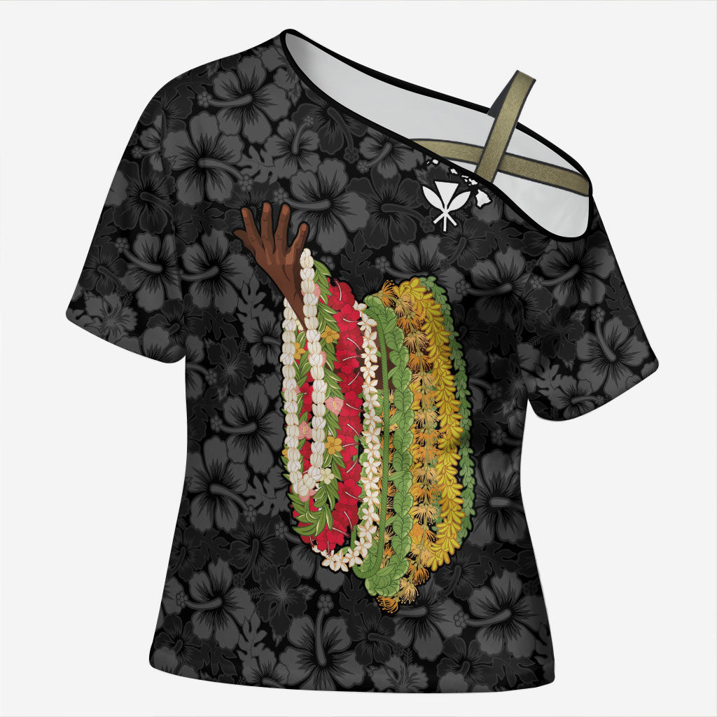 Hawaii Lei Kamehameha Cross Shoulder Shirt Ele'ele Seamless Pattern Hibiscus Flower LT9 Female Black - Polynesian Pride