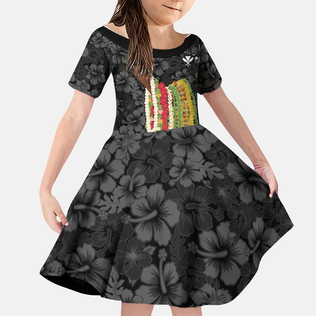 Hawaii Lei Kamehameha Family Matching Off The Shoulder Long Sleeve Dress and Hawaiian Shirt Ele'ele Seamless Pattern Hibiscus Flower LT9 Daughter's Dress Black - Polynesian Pride