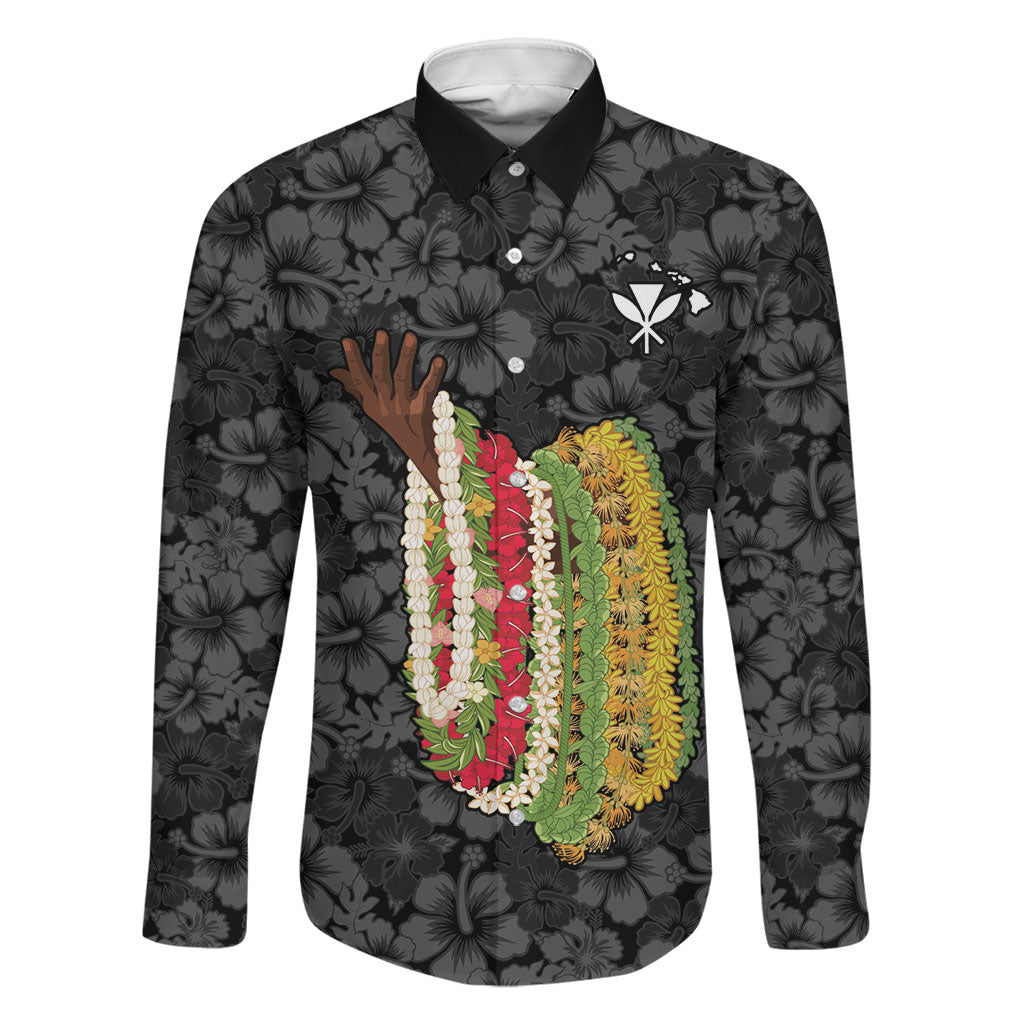 Hawaii Lei Kamehameha Family Matching Off Shoulder Maxi Dress and Hawaiian Shirt Ele'ele Seamless Pattern Hibiscus Flower LT9 Dad's Shirt - Long Sleeve Black - Polynesian Pride