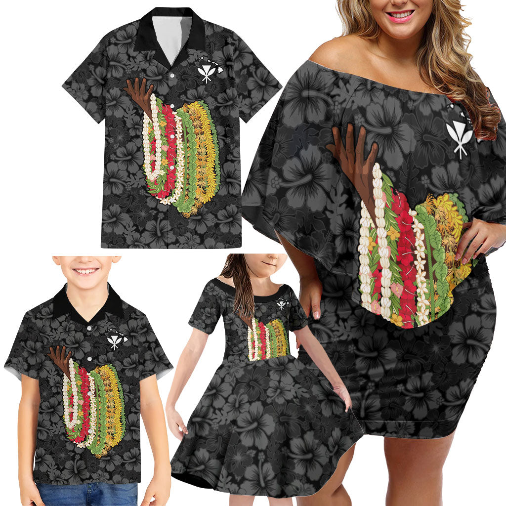 Hawaii Lei Kamehameha Family Matching Off Shoulder Short Dress and Hawaiian Shirt Ele'ele Seamless Pattern Hibiscus Flower