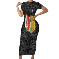 Hawaii Lei Kamehameha Family Matching Short Sleeve Bodycon Dress and Hawaiian Shirt Ele'ele Seamless Pattern Hibiscus Flower LT9 Mom's Dress Black - Polynesian Pride