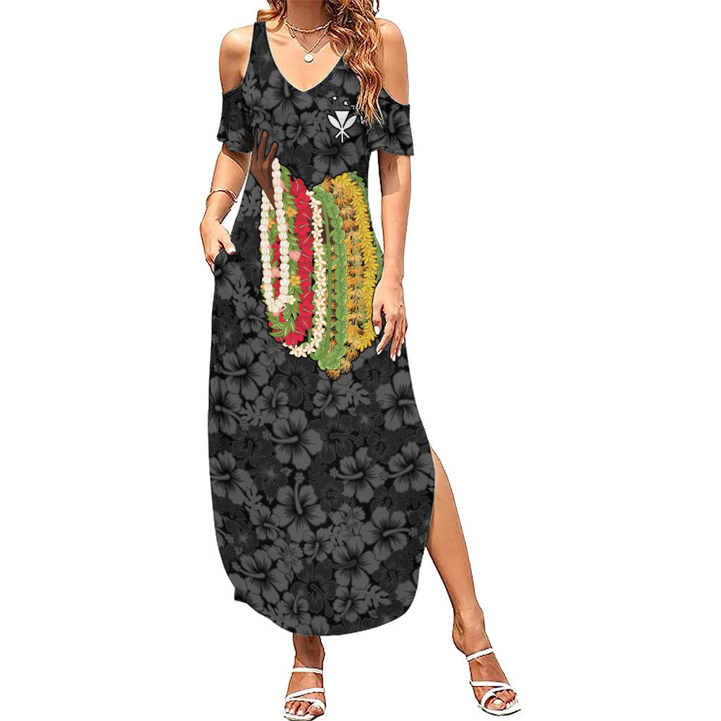 Hawaii Lei Kamehameha Family Matching Summer Maxi Dress and Hawaiian Shirt Ele'ele Seamless Pattern Hibiscus Flower LT9 Mom's Dress Black - Polynesian Pride