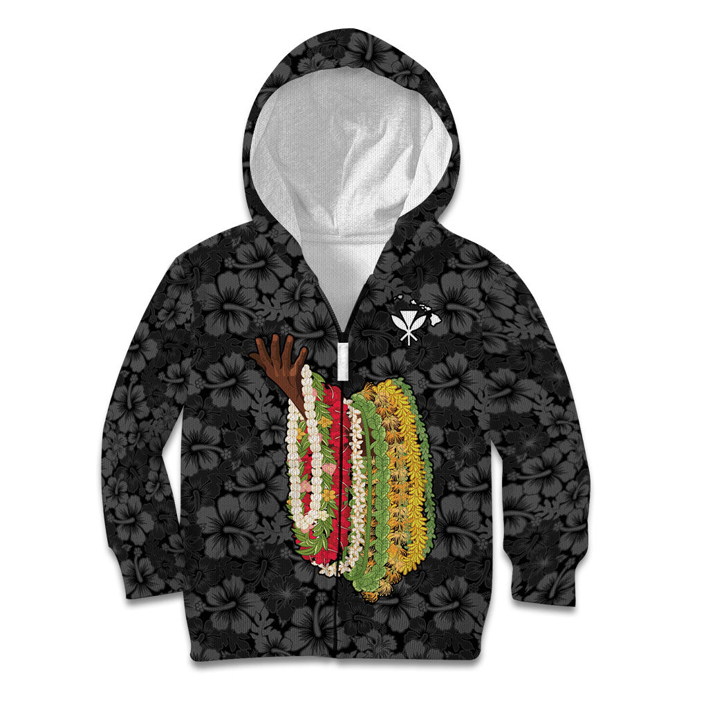 Hawaii Lei Kamehameha Kid Hoodie Ele'ele Seamless Pattern Hibiscus Flower LT9 Zip Hoodie Black - Polynesian Pride