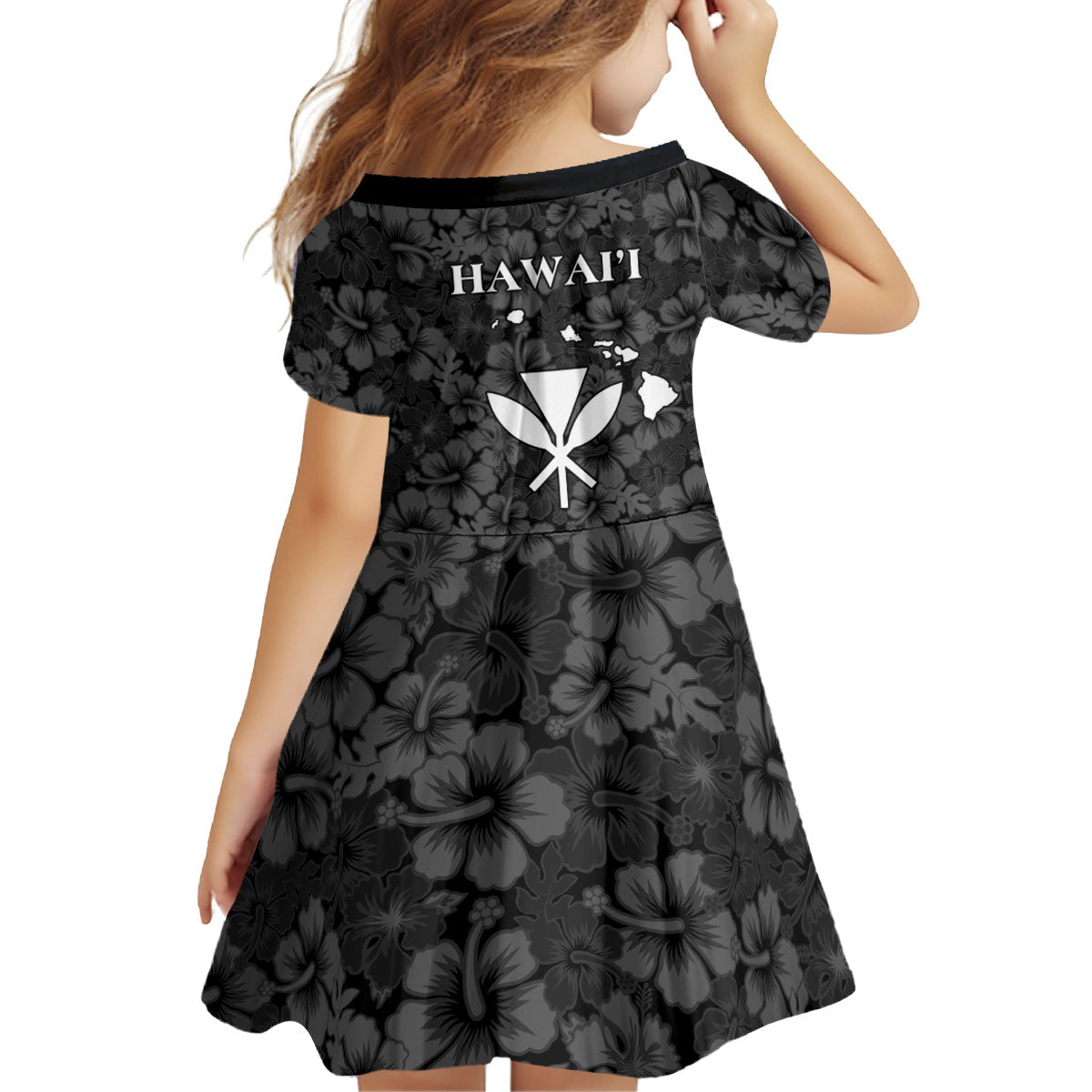 Hawaii Lei Kamehameha Kid Short Sleeve Dress Ele'ele Seamless Pattern Hibiscus Flower