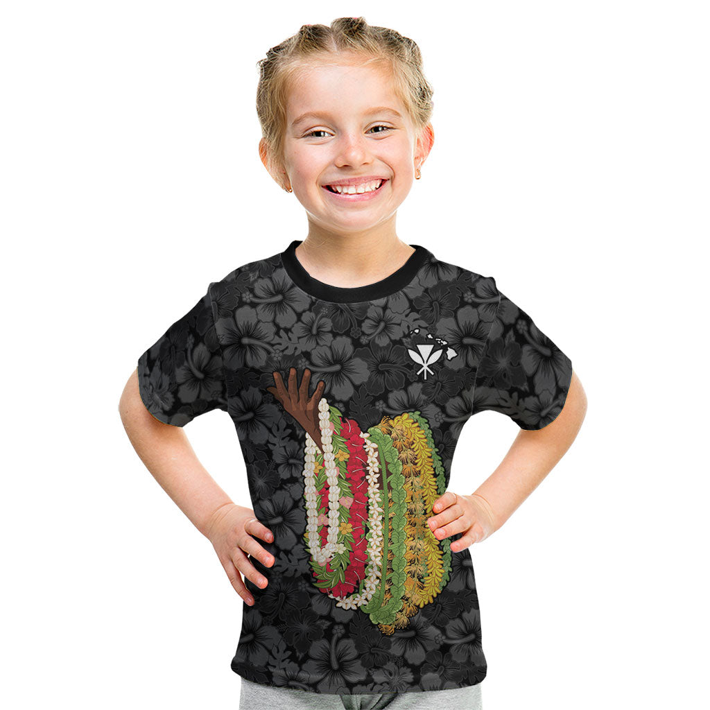 Hawaii Lei Kamehameha Kid T Shirt Ele'ele Seamless Pattern Hibiscus Flower LT9 Black - Polynesian Pride