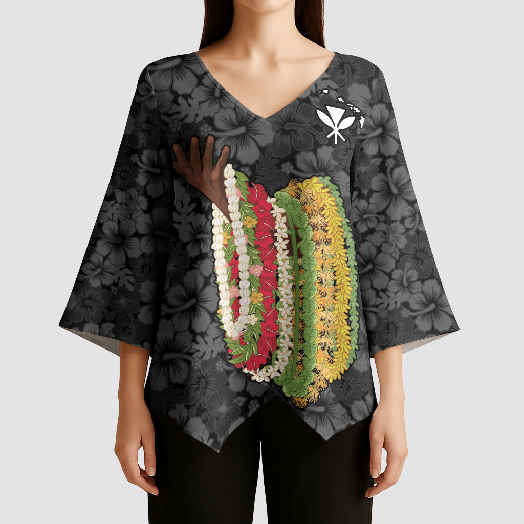 Hawaii Lei Kamehameha Kimono Sleeve Blouse Ele'ele Seamless Pattern Hibiscus Flower LT9 - Polynesian Pride