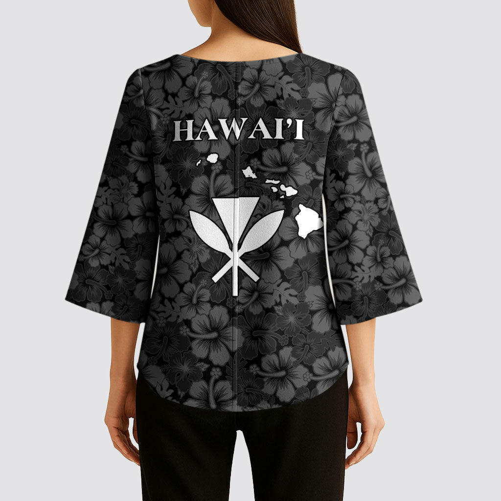Hawaii Lei Kamehameha Kimono Sleeve Blouse Ele'ele Seamless Pattern Hibiscus Flower LT9 - Polynesian Pride