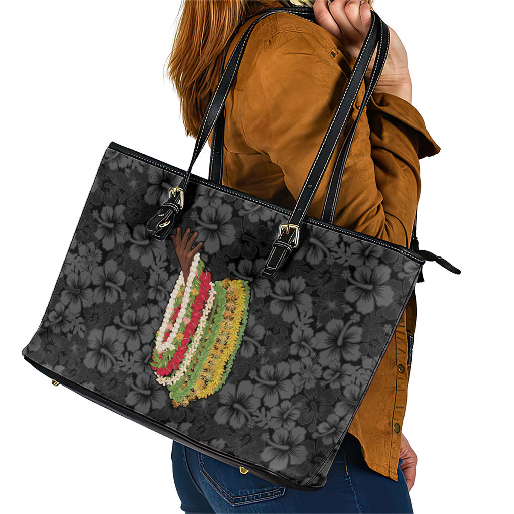 Hawaii Lei Kamehameha Leather Tote Bag Ele'ele Seamless Pattern Hibiscus Flower LT9 - Polynesian Pride