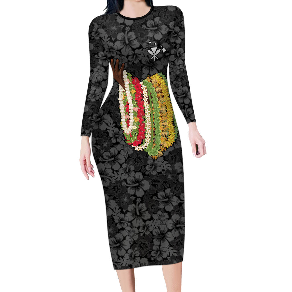 Hawaii Lei Kamehameha Long Sleeve Bodycon Dress Ele'ele Seamless Pattern Hibiscus Flower