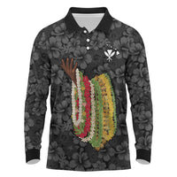 Hawaii Lei Kamehameha Long Sleeve Polo Shirt Ele'ele Seamless Pattern Hibiscus Flower LT9 Black - Polynesian Pride