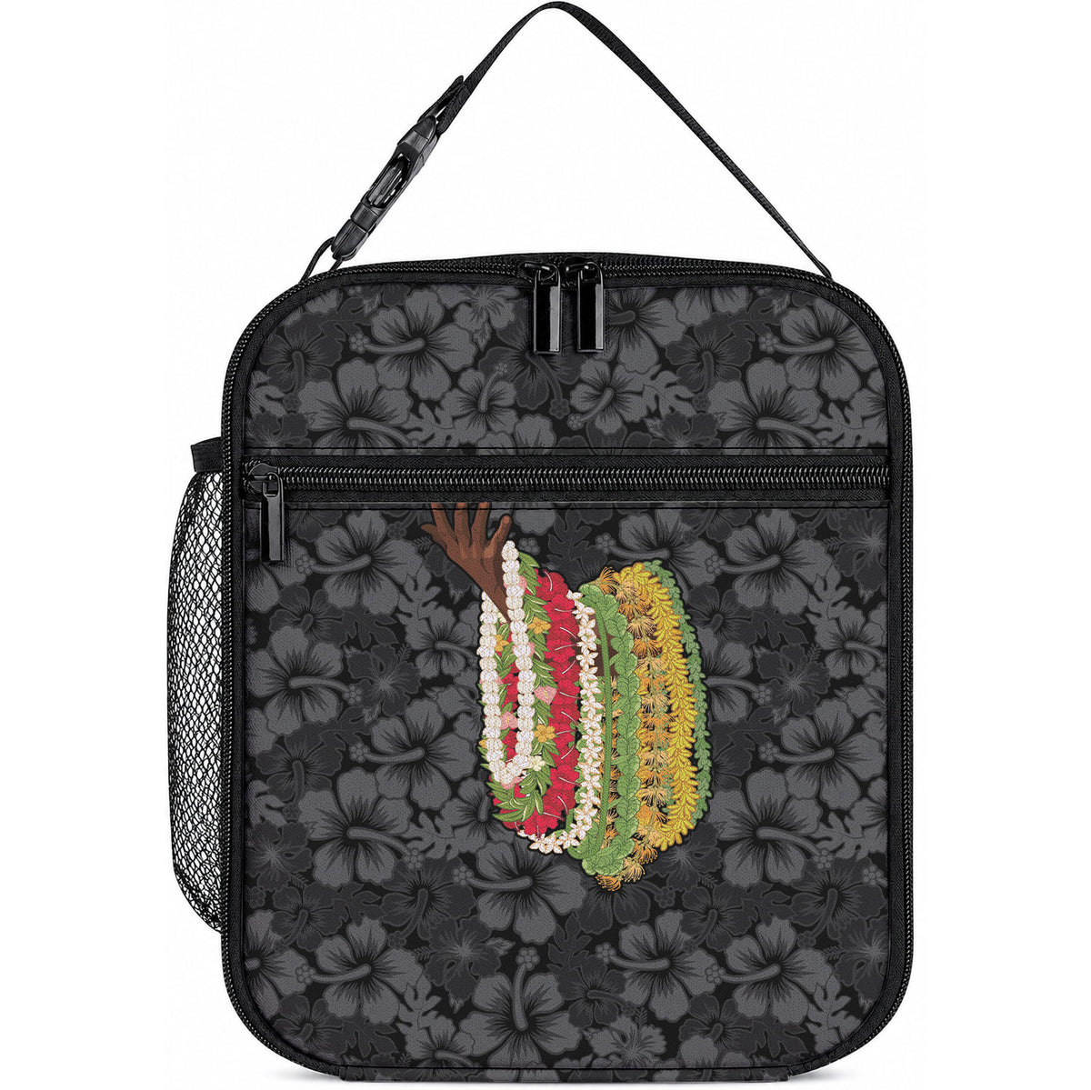 Hawaii Lei Kamehameha Lunch Bag Ele'ele Seamless Pattern Hibiscus Flower LT9 10.2 × 8.3 × 4.3 inch Black - Polynesian Pride