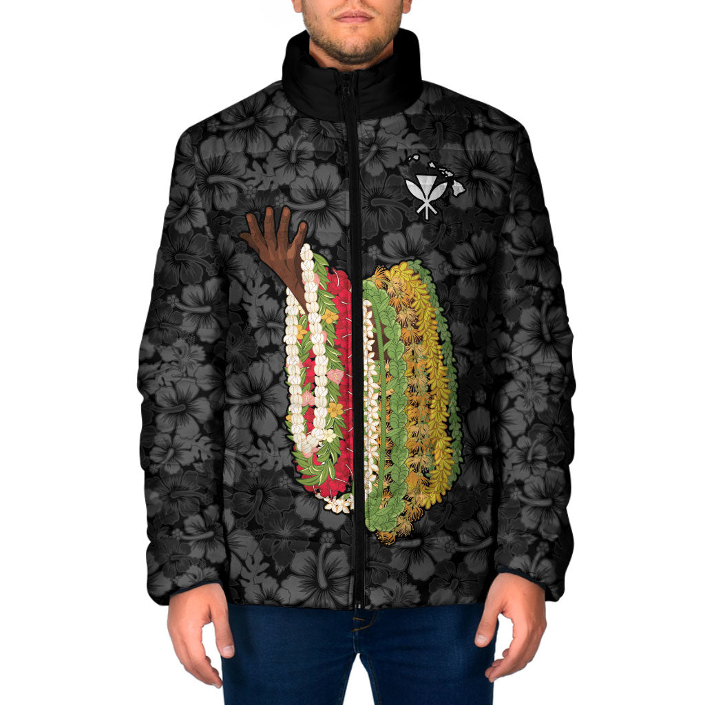 Hawaii Lei Kamehameha Padded Jacket Ele'ele Seamless Pattern Hibiscus Flower LT9 Men Black - Polynesian Pride