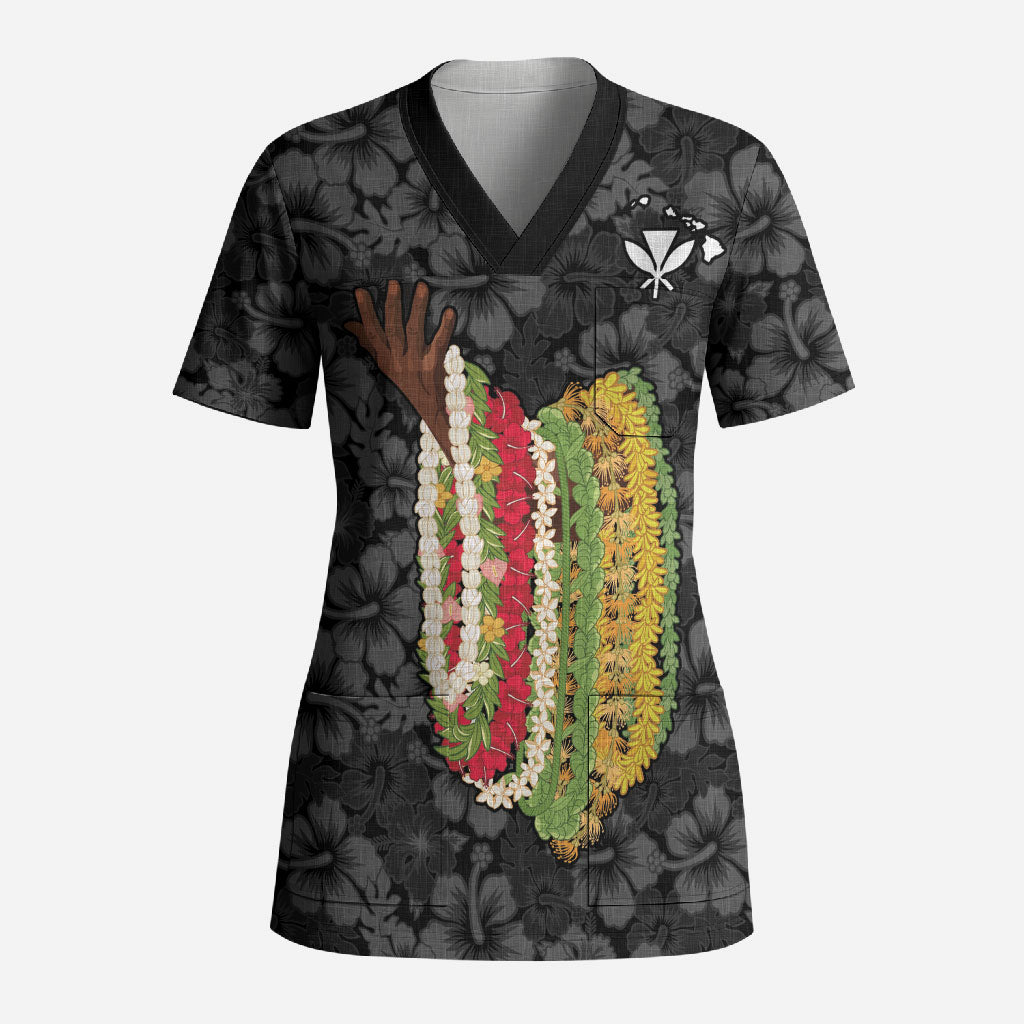 Hawaii Lei Kamehameha Scrub Top Ele'ele Seamless Pattern Hibiscus Flower LT9 Adult Black - Polynesian Pride