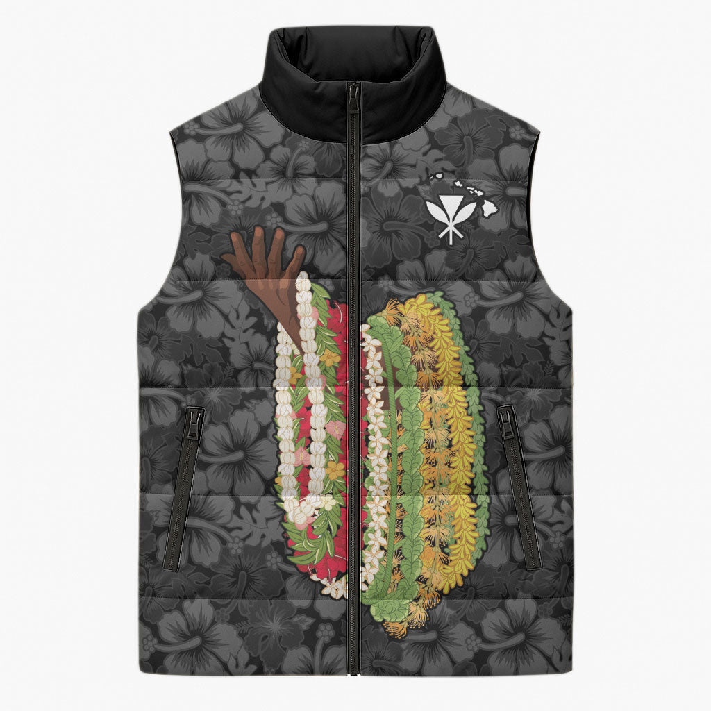 Hawaii Lei Kamehameha Sleeveless Puffer Jacket Ele'ele Seamless Pattern Hibiscus Flower LT9 Unisex Black - Polynesian Pride