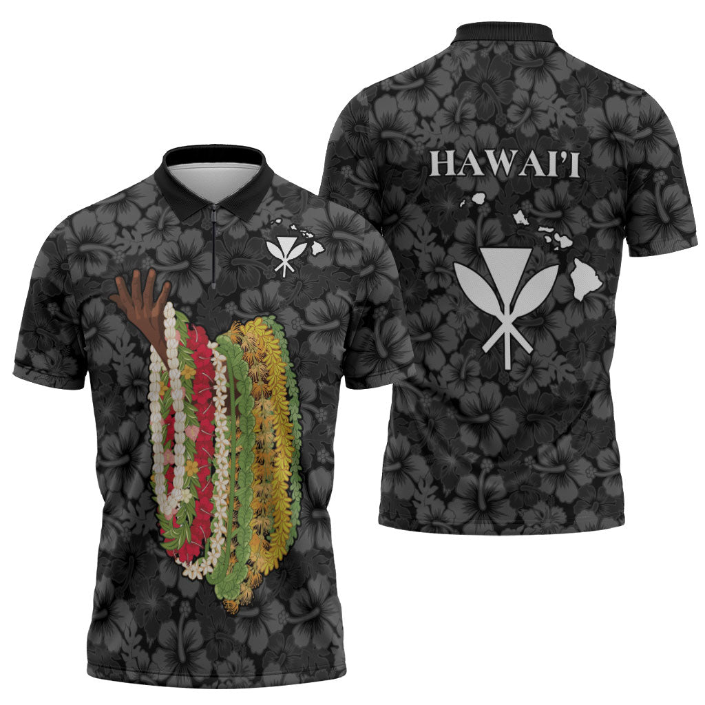 Hawaii Lei Kamehameha Zipper Polo Shirt Ele'ele Seamless Pattern Hibiscus Flower