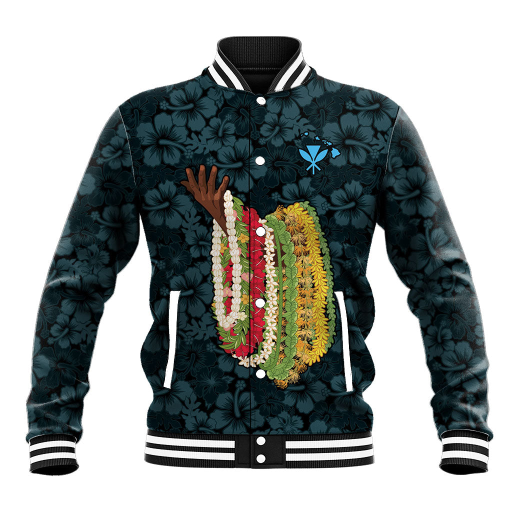 Hawaii Lei Kamehameha Baseball Jacket Uliuli Seamless Pattern Hibiscus Flower LT9 Unisex Blue - Polynesian Pride