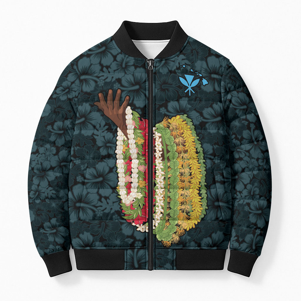 Hawaii Lei Kamehameha Bomber Puffer Jacket Uliuli Seamless Pattern Hibiscus Flower