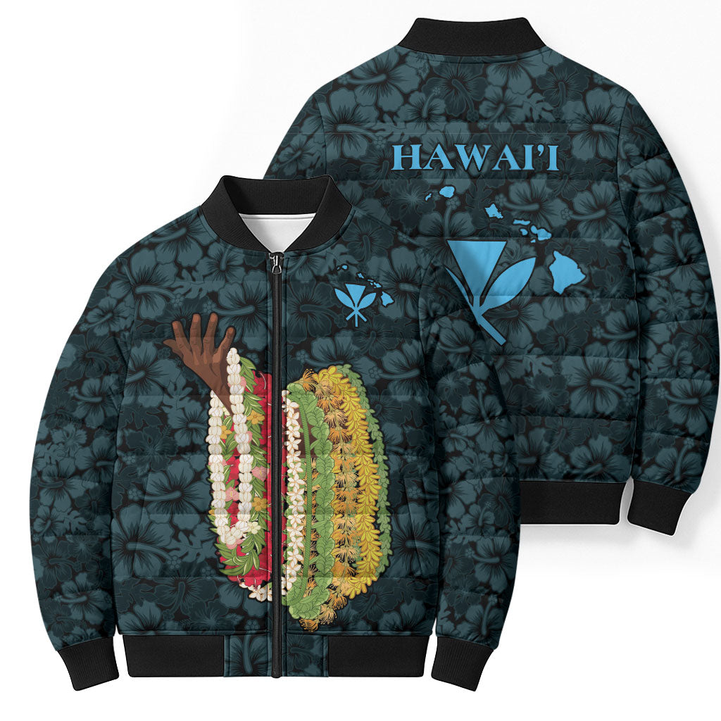 Hawaii Lei Kamehameha Bomber Puffer Jacket Uliuli Seamless Pattern Hibiscus Flower