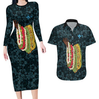 Hawaii Lei Kamehameha Couples Matching Long Sleeve Bodycon Dress and Hawaiian Shirt Uliuli Seamless Pattern Hibiscus Flower LT9 Blue - Polynesian Pride