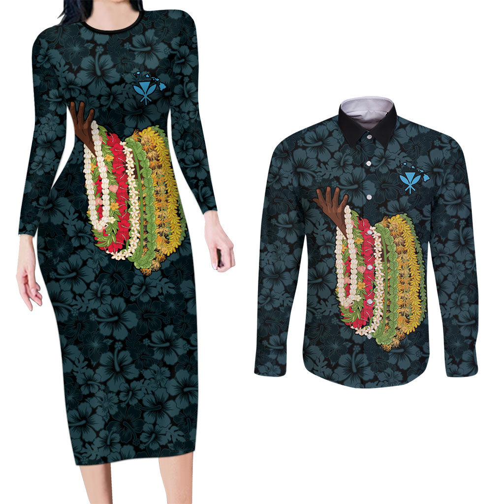 Hawaii Lei Kamehameha Couples Matching Long Sleeve Bodycon Dress and Long Sleeve Button Shirt Uliuli Seamless Pattern Hibiscus Flower LT9 Blue - Polynesian Pride